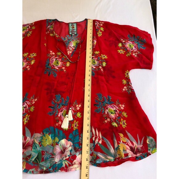 Johnny Was Red Floral Top Drop Tie Tassels Rayon Tunic Boho Women's Medium EUC - Picture 5 of 9